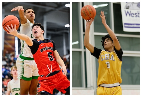 Liverpool's Alex Trombley (5) and Christian Brothers Academy's Tavin Penix (3) will lead their teams in syracuse.com's boys basketball Game of the Week livestream on Friday, Nov. 28, 2025.