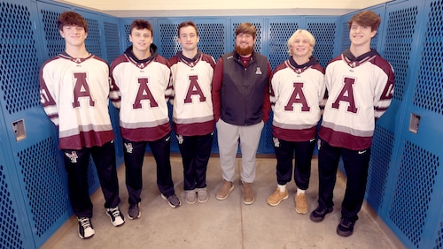 Auburn's Max Laraway, second from left, is expected to be one of the Maroons' most improved hockey players this season. Here he is picture at syracuse.com's winter sports media day with (from left), Jonah Young, Judah Young, coach Heath Ferris, Tucker Hogan and Noah Testa. 