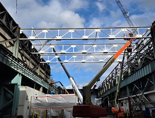 Crews are working around the clock to repair the fire-damage roof of the hot mill at the Novelis aluminum plant in the Oswego County town of Scriba. The mill was damaged by a fire on Sept. 16, 2025. (Courtesy of Novelis)