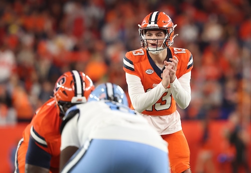 Syracuse Orange quarterback Joseph Filardi (13) calls out a play.  The Syracuse Orange football team take on the North Carolina Tar Heels at the JMA Wireless Dome Oct 31, 2025. Dennis Nett | dnett@syracuse.com