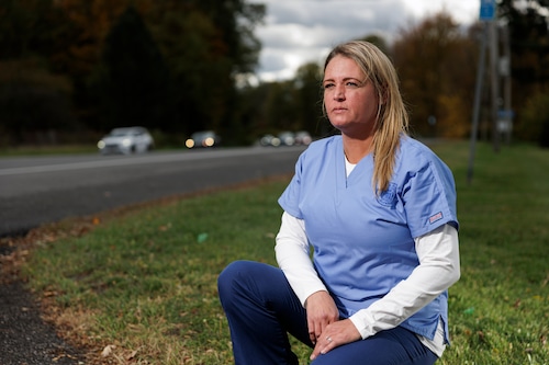 Andrea Elia, a nursing student at Bryant and Stratton, helped save a man's life by performing CPR on him after a motorcycle accident on Oct. 17, 2025, in Clay. Photo taken Oct. 22, 2025, near the intersection where the crash happened on Route 57 in Clay. (N. Scott Trimble | strimble@syracuse.com)