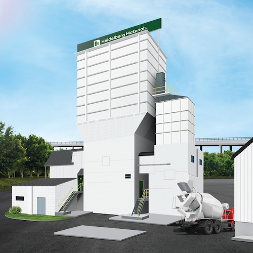 Rendering from Heidelberg Materials shows how a long-dormant concrete at 411 and 421 Spencer St. in Syracuse would look after its reopening. (Heidelberg Materials)