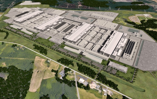 This rendering of Micron Technology's planned chipmaking complex in Clay was included in the company's draft environmental impact statement filed in March. Route 31 is at the lower portion of the photo. Caughdenoy Road is to the left.