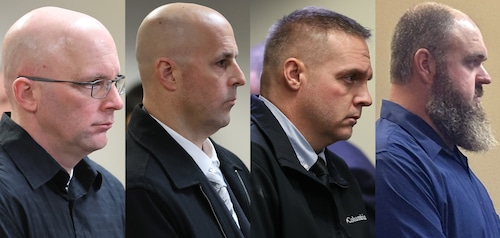 The four former state prison guards (from left) Nicholas Anzalone, Anthony Farina, Sgt. Michael Mashaw, David Walters were sentenced to prison on Friday, Nov. 21, 2025  for participating in the fatal beating of Robert Brooks Sr. inside Marcy Correctional Facility on Dec. 9, 2024.