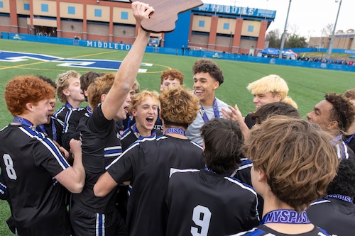 Westhill players celebrate defeating Lafayette (VI) in the NYSPHSAA Class B championship game on Saturday, Nov. 15, 2025, at Faller Field in Middletown. Westhill won 6-0.