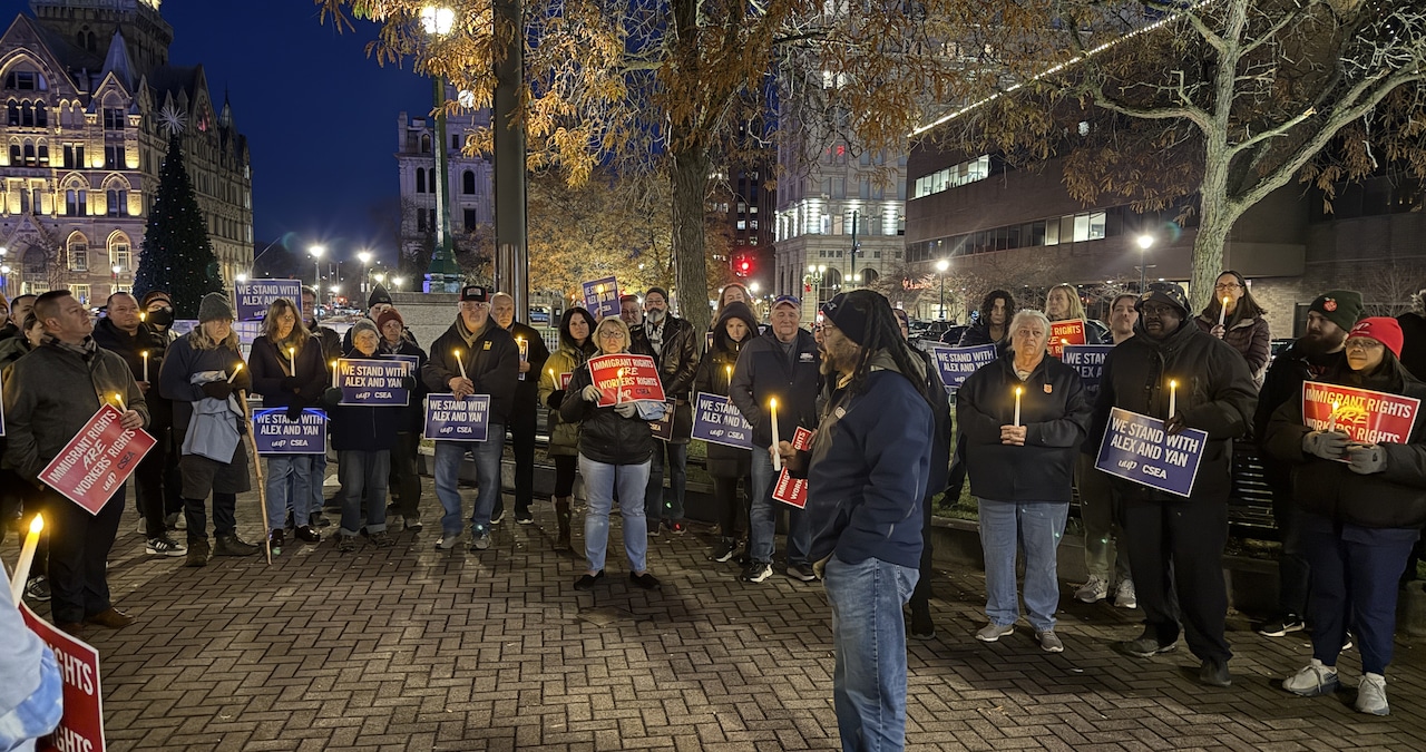Ali Cottrell, the president of CSEA Local 615, a Union at SUNY Upstate Medical in Syracuse, leads protests in Clinton Square to bring Alex Gonzalez and Yan Vasquez back from their detention center in Batavia after they were taken by ICE from an immigration hearing in October.