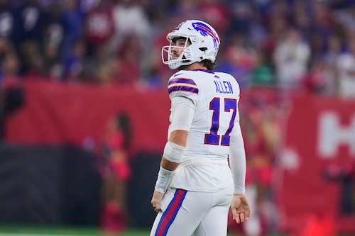 Buffalo Bills quarterback Josh Allen (17) stands on the field in the first half of an NFL football game against the Houston Texans Thursday, Nov. 20, 2025, in Houston. (AP Photo/Eric Christian Smith)