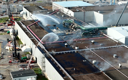 Firefighters pour water on a fire at the Novelis plant in Scriba on Thursday, Nov. 20, 2025. (N. Scott Trimble | strimble@syracuse.com)
