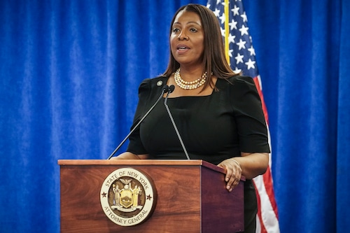 New York Attorney General Letitia James speaks during a press briefing, Friday, Feb. 16, 2024, in New York. (AP Photo/Bebeto Matthews)