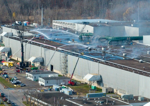 A large, four-alarm fire burned Thursday, November 20, 2025 at the Novelis aluminum plant in Oswego County with multiple fire agencies responding. (N. Scott Trimble | strimble@syracuse.com)