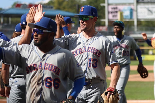Luke Ritter (13) had four hits, including a home run, for the Syracuse Mets on Sunday, Sept. 21, 2025. (Kylie Richelle | Syracuse Mets).