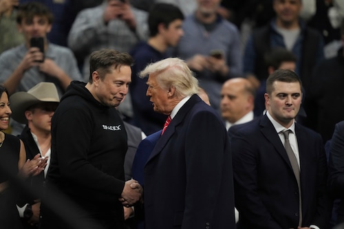 Elon Musk shakes hands with President Donald Trump