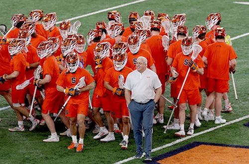Syracuse coach Gary Gaits with his team before the game. The Syracuse Orange men’s lacrosse team meet Hobart at the JMA Wireless Dome march 25, 2023. Dennis Nett | dnett@syracuse.com