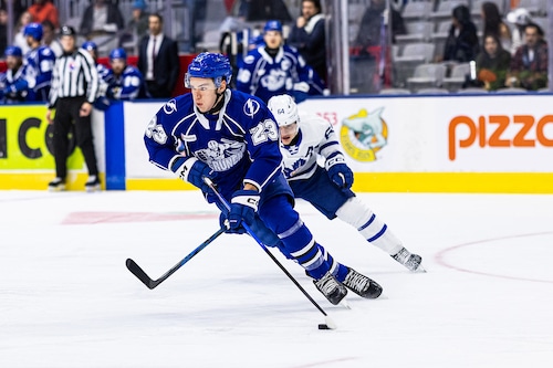 Max Groshev (23) and the Syracuse Crunch beat the Toronto Marlies, 5-4, on Wednesday at Coca-Cola Coliseum.