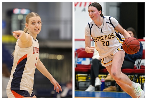 Liverpool's Graceanne Sleeth, left, and Utica Notre Dame's Ella Trinkaus are set to lead their teams in syracuse.com's girls basketball Game of the Week livestream on Friday, Nov. 28, 2025.