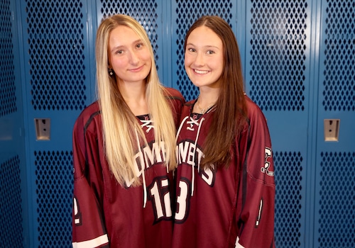 Riley Constantinetis, right, puts a lot of heart into winning faceoffs for the Clinton girls  hockey team. Here, she is pictured with Eliza O’Donnell at syracuse.com’s winter sports media day on Wednesday, Nov. 12, 2025, at Cicero-North Syracuse High School.  