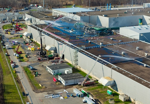 A large, four-alarm fire burned Thursday, November 20, 2025 at the Novelis aluminum plant in Oswego County with multiple fire agencies responding. (N. Scott Trimble | strimble@syracuse.com)