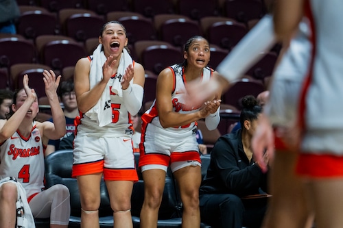 Angelica Velez #15 and Dominique Darius #20 of the Syracuse Orange cheer on their team against the Utah Utes during the first half of an Invesco QQQ Basketball Hall of Fame Women’s Showcase game at Mohegan Sun on November 21, 2025 in Uncasville, Connecticut. (Photo by Joe Buglewicz/Getty Images)