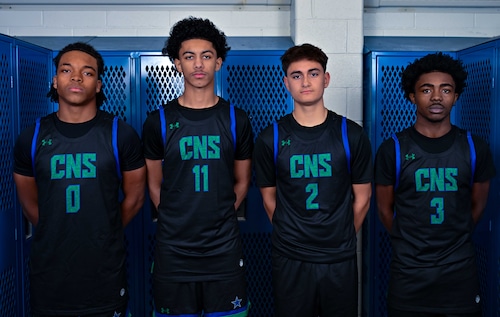 Cicero-North Syracuse boys basketball team, Nadarren Carter, Braylon Taylor, Brennan Tyler and Miy’jon Mcdowell Reid at syracuse.com’s winter sports media day on Wednesday, Nov. 12, 2025, at Cicero-North Syracuse High School. [Robert Grossman | Contributing Photographer]