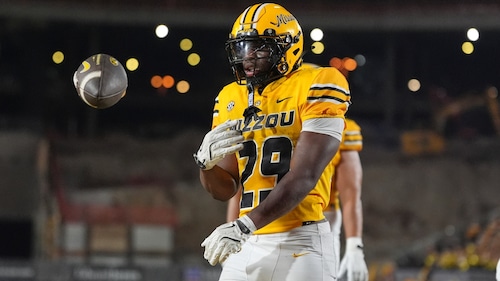 Missouri running back Ahmad Hardy celebrates after scoring during the first half of an NCAA college football game against Massachusetts Saturday, Sept. 27, 2025, in Columbia, Mo.