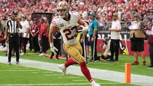 San Francisco 49ers running back Christian McCaffrey (23) scores against the Arizona Cardinals during the first half of an NFL football game in Glendale, Ariz., Sunday, Nov. 16, 2025.
