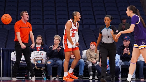 Syracuse guard Dominique Darius scored all 13 of her points in the first half of a 64-45 victory against the Albany Great Danes on Friday, Nov. 7, 2025 in the JMA Wireless Dome.
