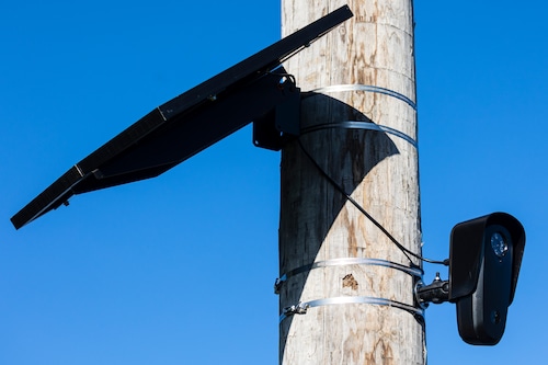 A Flock ALPR license plate reader camera fixed to a pole along West KL Avenue near South Drake Road in Kalamazoo, Michigan on Wednesday, October 20, 2021. (Joel Bissell | MLive.com)