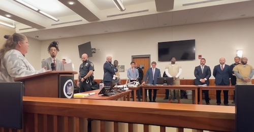 Melissa Sellin, mother of murder victim Alexis Sellin, yells at three men convicted of killing her daughter and her boyfriend, Jamie Crawford. Family members of the victims confronted the three men during sentencing on Wednesday, Nov. 11, 2025 in a courtroom. in Syracuse.