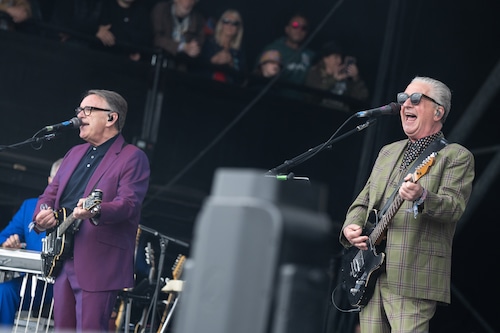 (L-R) Chris Difford and Glenn Tilbrook from Squeeze perform on The Pyramid Stage during day three of Glastonbury Festival 2024 at Worthy Farm, Pilton on June 28, 2024 in Glastonbury, England.  (Photo by Harry Durrant/Getty Images)