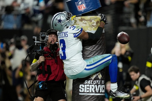 Dallas Cowboys wide receiver George Pickens celebrates his touchdown against the Las Vegas Raiders during the first half of an NFL football game Monday, Nov. 17, 2025, in Las Vegas. Pickens was held out of Monday's practice ahead of Dallas' Thanksgiving matchup against Kansas City.