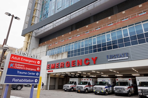 The ambulance bay in front of the emergency department at Upstate University Hospital in Syracuse Friday, Feb. 12, 2025. (N. Scott Trimble | strimble@syracuse.com)