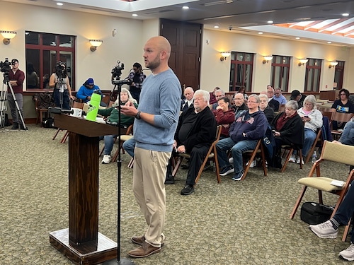 Cody Kelly, a Clay resident and Onondaga County Legislator, speaks at a public hearing Thursday on the Onondaga County Industrial Development Agency's plan to give Micron Technology $2 billion in sales and property tax breaks.
