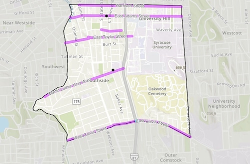 The city of Syracuse's Reconnecting Communities project targets streetscape improvements on five east-west road that intersection with the current Interstate 81 viaduct. (Provided by City of Syracuse)