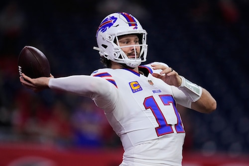 Buffalo Bills quarterback Josh Allen warms up before an NFL football game against the Houston Texans Thursday, Nov. 20, 2025, in Houston. (AP Photo/Ashley Landis)