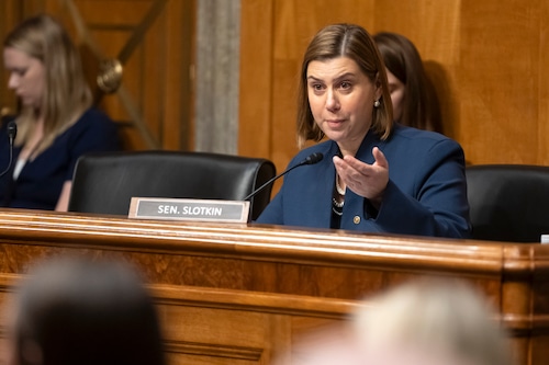 Sen. Elissa Slotkin, D-Mich., speaks during a hearing of the Senate Committee on Homeland Security and Governmental Affairs on Capitol Hill, Thursday, April 3, 2025, in Washington. (AP Photo/Mark Schiefelbein)