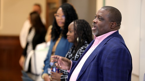 Wednesday, Sept. 3, marked the first day of classes at the Syracuse STEAM high school, formerly known as Central High, in downtown Syracuse. Superintendent Anthony Davis Sr. speaks to one of the classes. Dennis Nett | dnett@syracuse.com