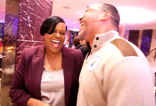 Sharons Owens, candidate for mayor, greets her supporters at the Democratic watch party at The Treasury in Syracuse, N.Y., Tuesday, Nov. 4, 2025. (Dennis Nett | dnett@syracuse.com)