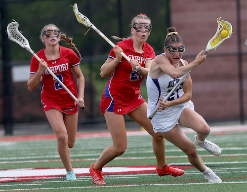 Brenna Goss (left) of Fairport (N.Y.), pictured here in the New York State Lacrosse Class A Final in a match played at Cortland State June 8, 2024, has committed to Syracuse lacrosse. 