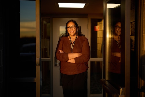 Twyla Baker, president of the Nueta Hidatsa Sahnish College, poses for a portrait at the school Wednesday, Oct. 29, 2025, in New Town, N.D. (AP Photo/John Locher)