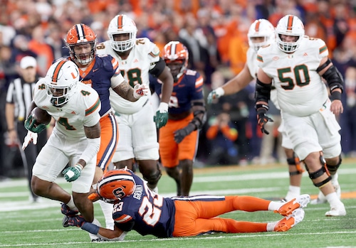 Miami Hurricanes running back Mark Fletcher Jr. (4). The Syracuse Orange Football team take on the Miami Hurricanes Saturday Nov. 30, 2024 at the JMA Wireless Dome.
Dennis Nett | dnett@syracuse.cum