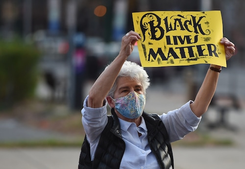 Mary Kuhn, former 7th District Onondaga County Legislator, during the Syracuse Police Accountability and Reform coalition post-election rally at City Hall, Syracuse, N.Y., Saturday, November 7, 2020.