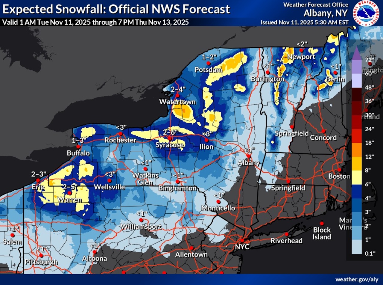 Lake effect snow today in Upstate New York