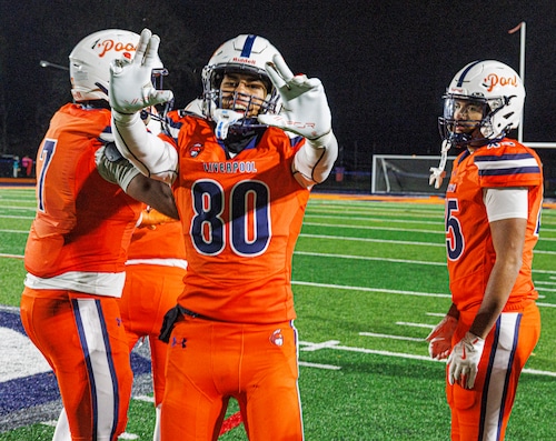 Liverpool Legends Luis Alvarado (80) celebrates as the Legends defeated the Northstars 20-0 at their home turf to in the Section III Class AA semifinals Friday, November 7,2025. (N. Scott Trimble | strimble@syracuse.com)