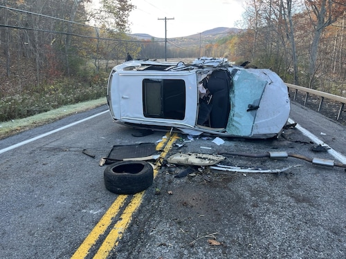 A man crashed into a school bus the morning of Oct. 27 in Rensselaerville, N.Y. Minor injuries were reported, but no one was transported to the hospital. 
Photo by Tri-Village Volunteer Fire Co. Inc.
