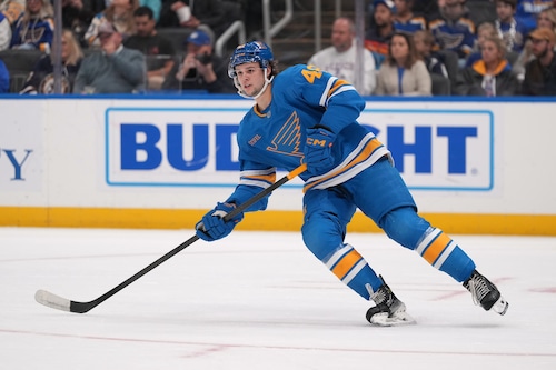 St. Louis Blues' Hunter Skinner skates during the first period of an NHL hockey game against the Philadelphia Flyers Friday, Nov. 14, 2025, in St. Louis
