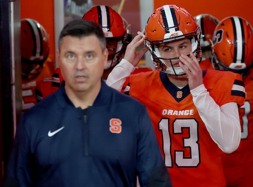Syracuse Orange quarterback Joseph Filardi (13) walks out to the field. The Syracuse Orange football team take on the North Carolina Tar Heels at the JMA Wireless Dome Oct 31, 2025. Dennis Nett | dnett@syracuse.com