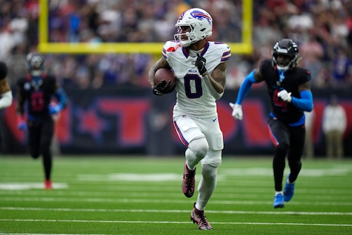 Buffalo Bills wide receiver Keon Coleman (0) scores on a 49-yard touchdown reception during the second half of an NFL football game against the Houston Texans, Sunday, Oct. 6, 2024, in Houston. (AP Photo/Eric Gay)