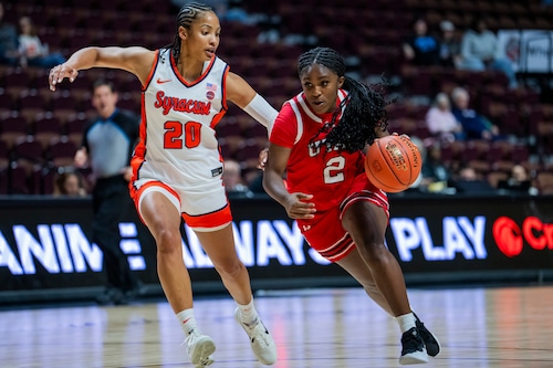 LA Sneed #2 of the Utah Utes is defended by Dominique Darius #20 of the Syracuse Orange during the first half of an Invesco QQQ Basketball Hall of Fame Women’s Showcase game at Mohegan Sun on November 21, 2025 in Uncasville, Connecticut. (Photo by Joe Buglewicz/Getty Images)