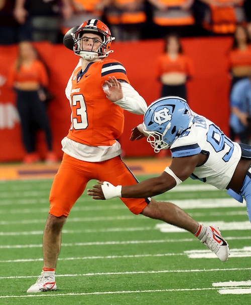 Syracuse Orange quarterback Joseph Filardi (13).  The Syracuse Orange football team take on the North Carolina Tar Heels at the JMA Wireless Dome Oct 31, 2025. Dennis Nett | dnett@syracuse.com