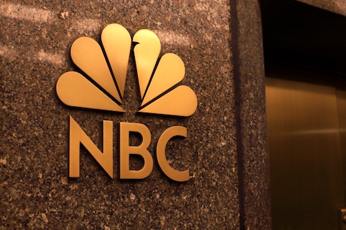 Logo of NBC in New York in the USA on April 20, 2025. Life on the streets of Manhattan. (Photo by Daniel Perron / Hans Lucas / Hans Lucas via AFP) (Photo by DANIEL PERRON/Hans Lucas/AFP via Getty Images)          